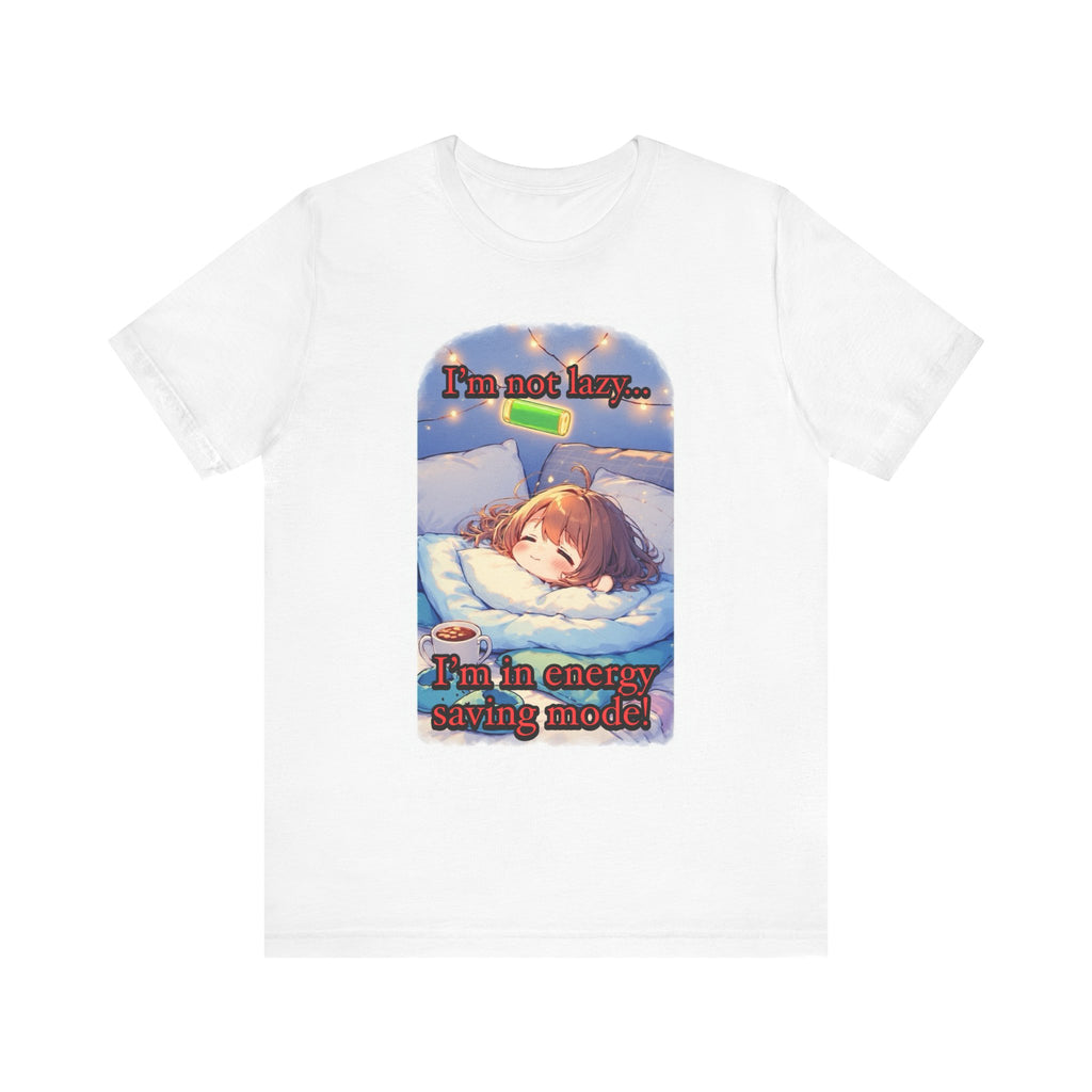 “ energy saving mode.” Female themed t-shirt.