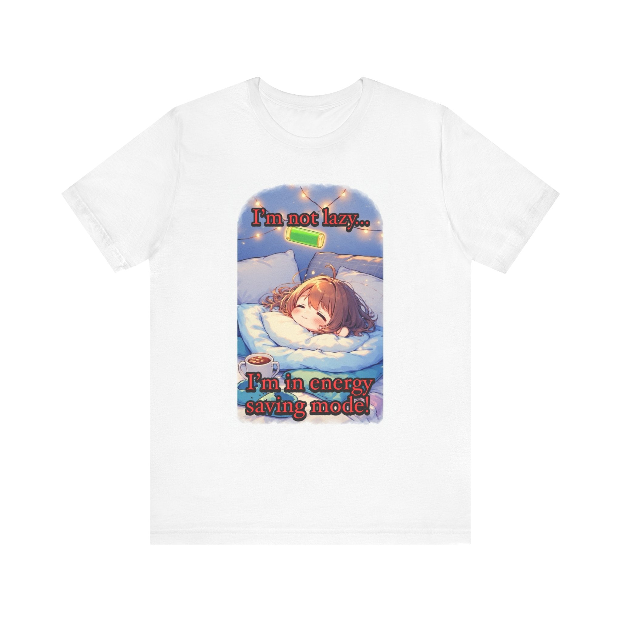 “ energy saving mode.” Female themed t-shirt.