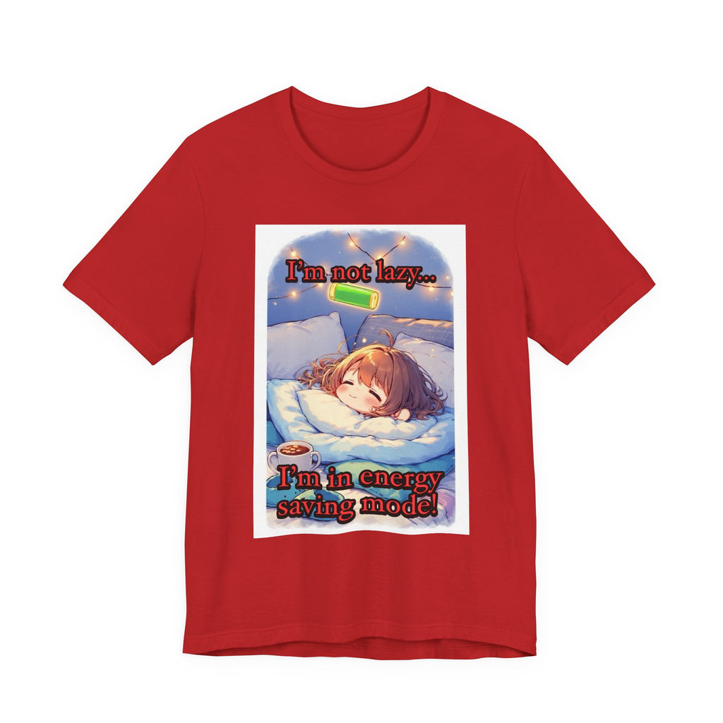 “ energy saving mode.” Female themed t-shirt.