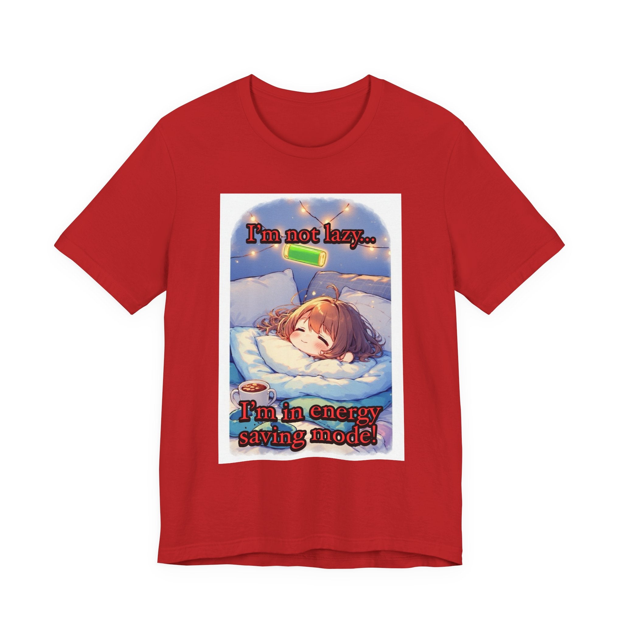 “ energy saving mode.” Female themed t-shirt.