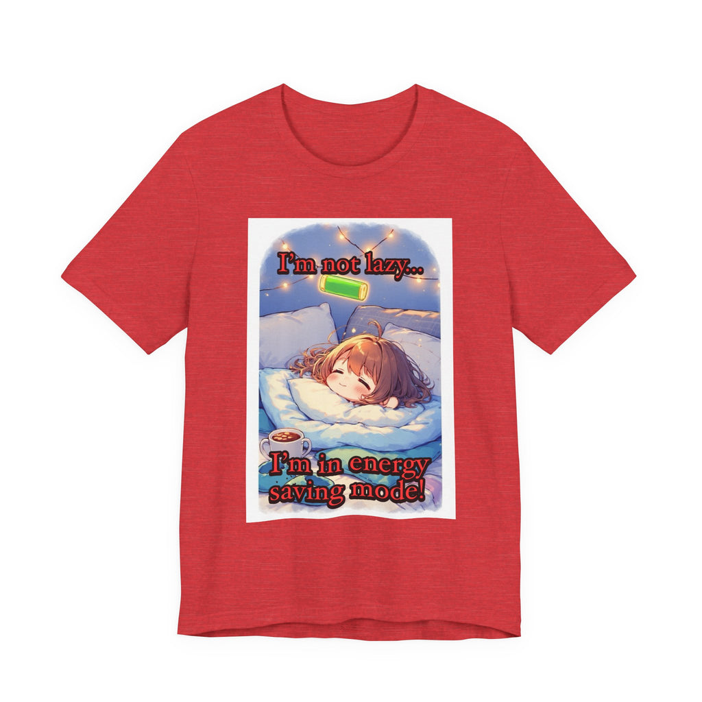 “ energy saving mode.” Female themed t-shirt.