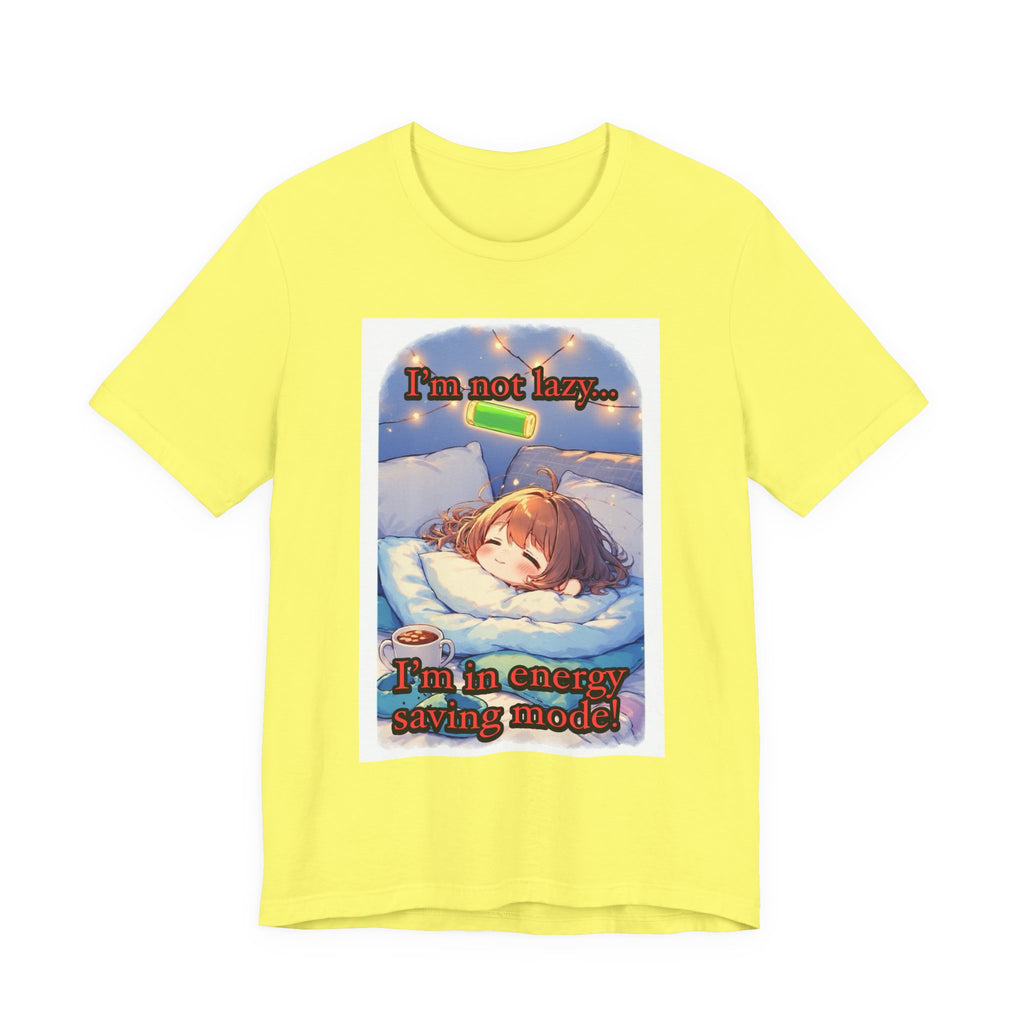“ energy saving mode.” Female themed t-shirt.