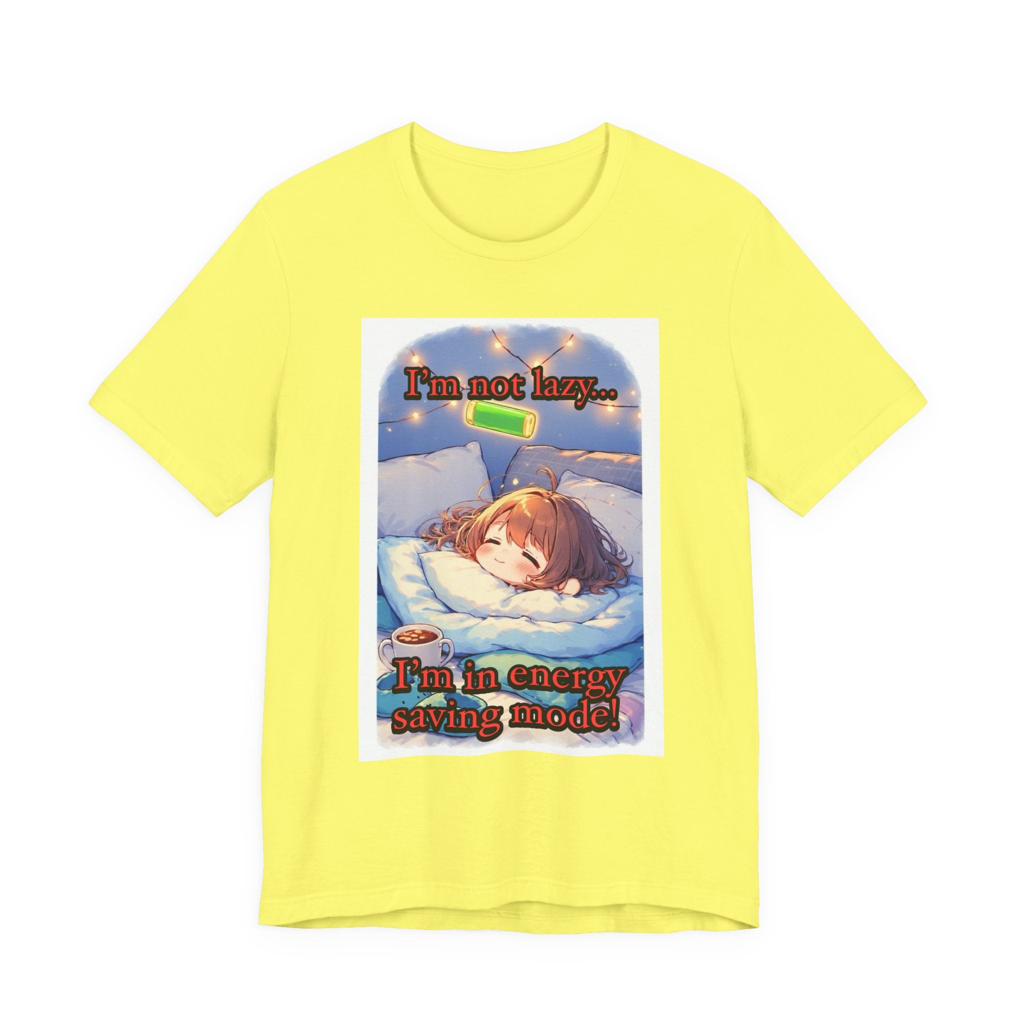 “ energy saving mode.” Female themed t-shirt.