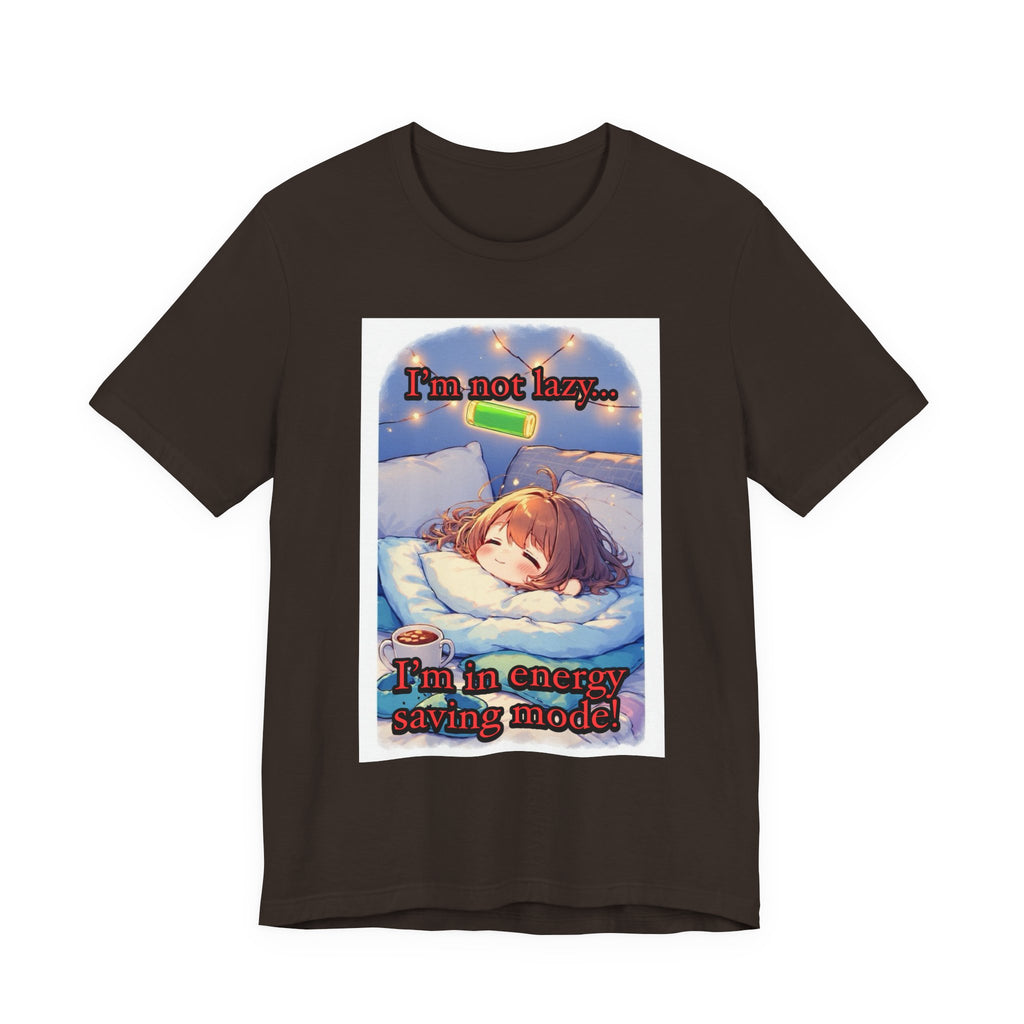 “ energy saving mode.” Female themed t-shirt.