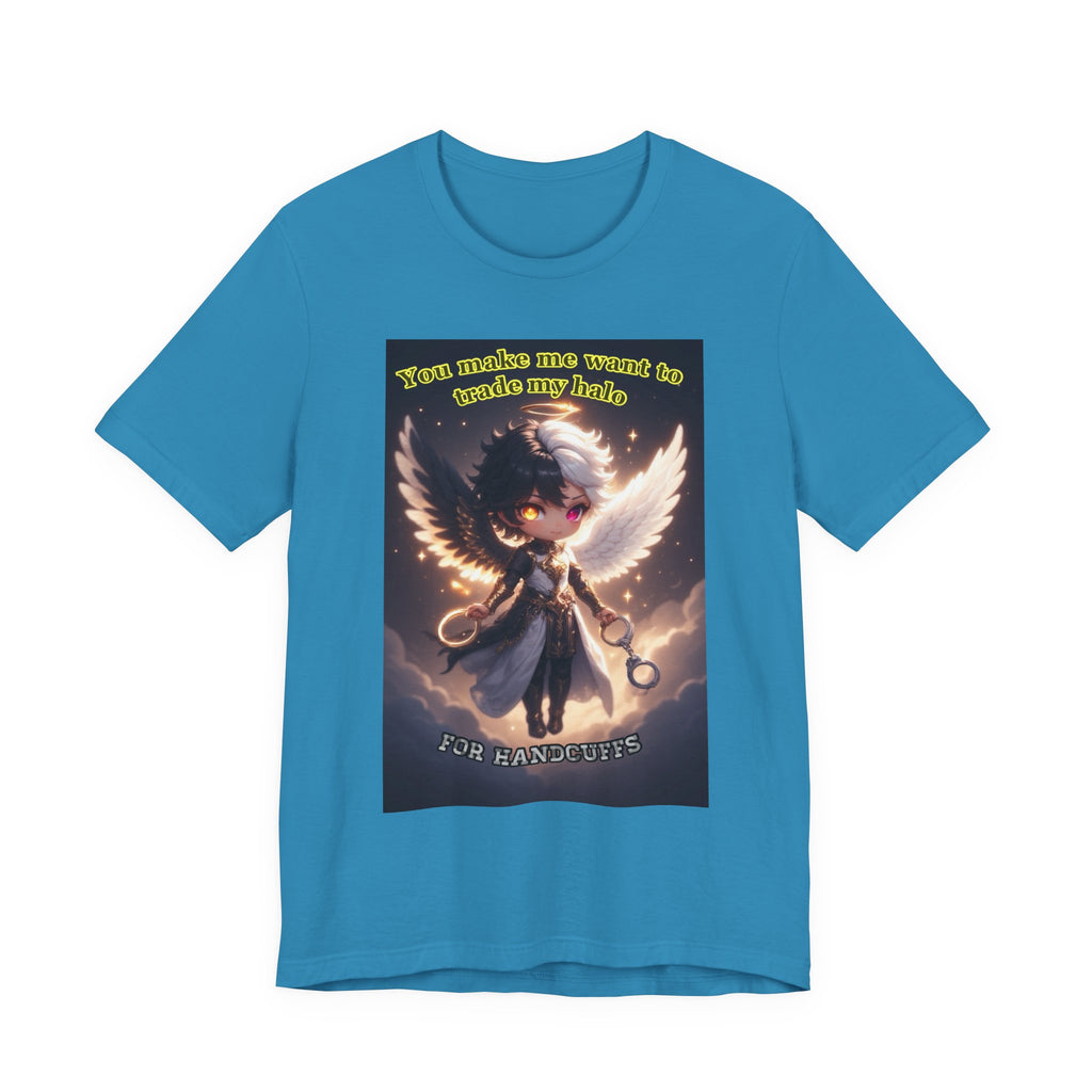 Halo for hand cuffs. Female themed t-shirt.