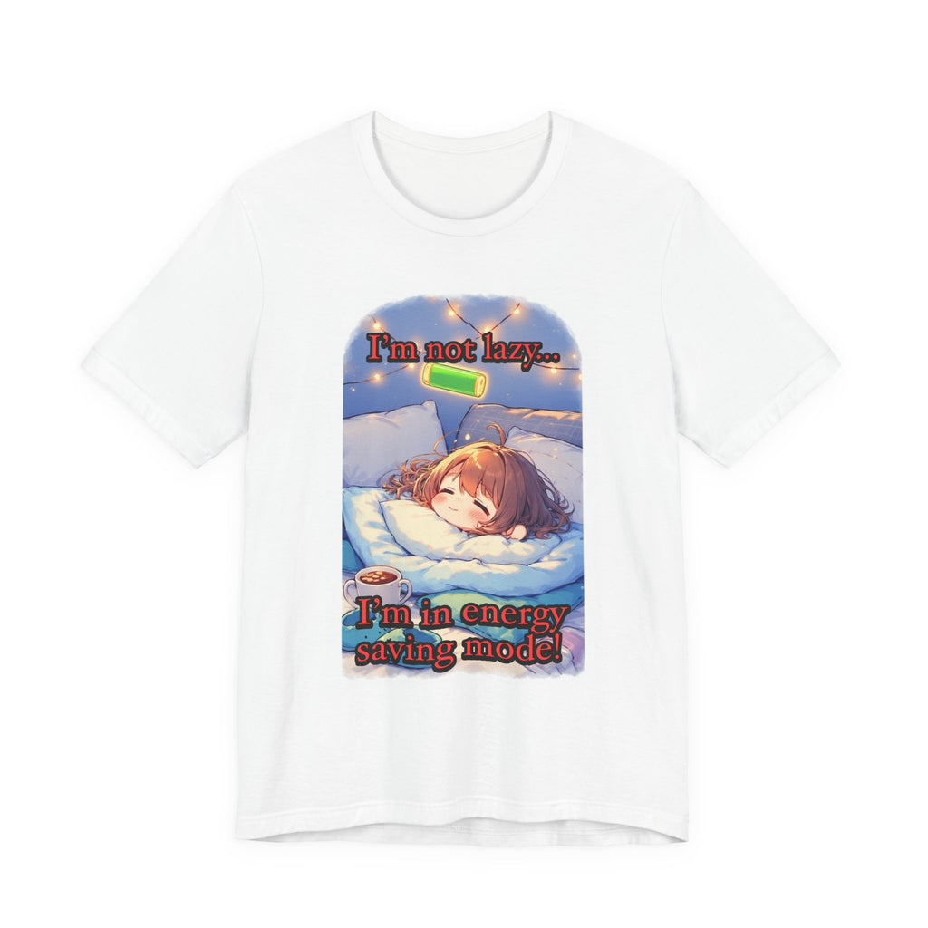 “ energy saving mode.” Female themed t-shirt.