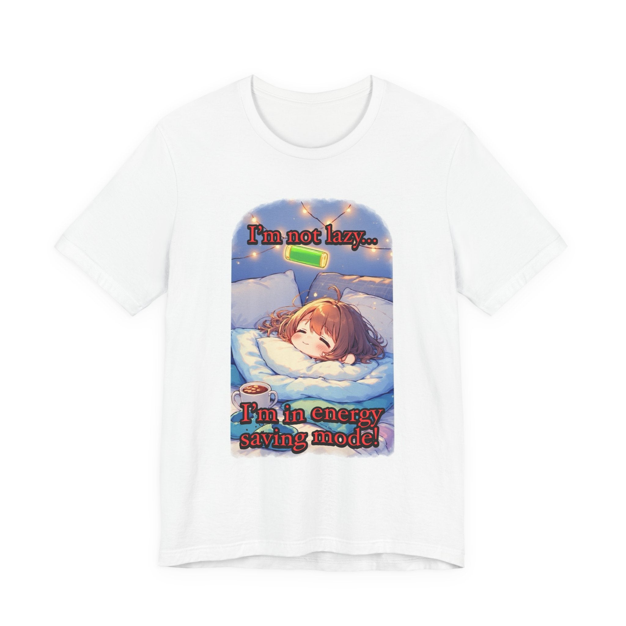 “ energy saving mode.” Female themed t-shirt.