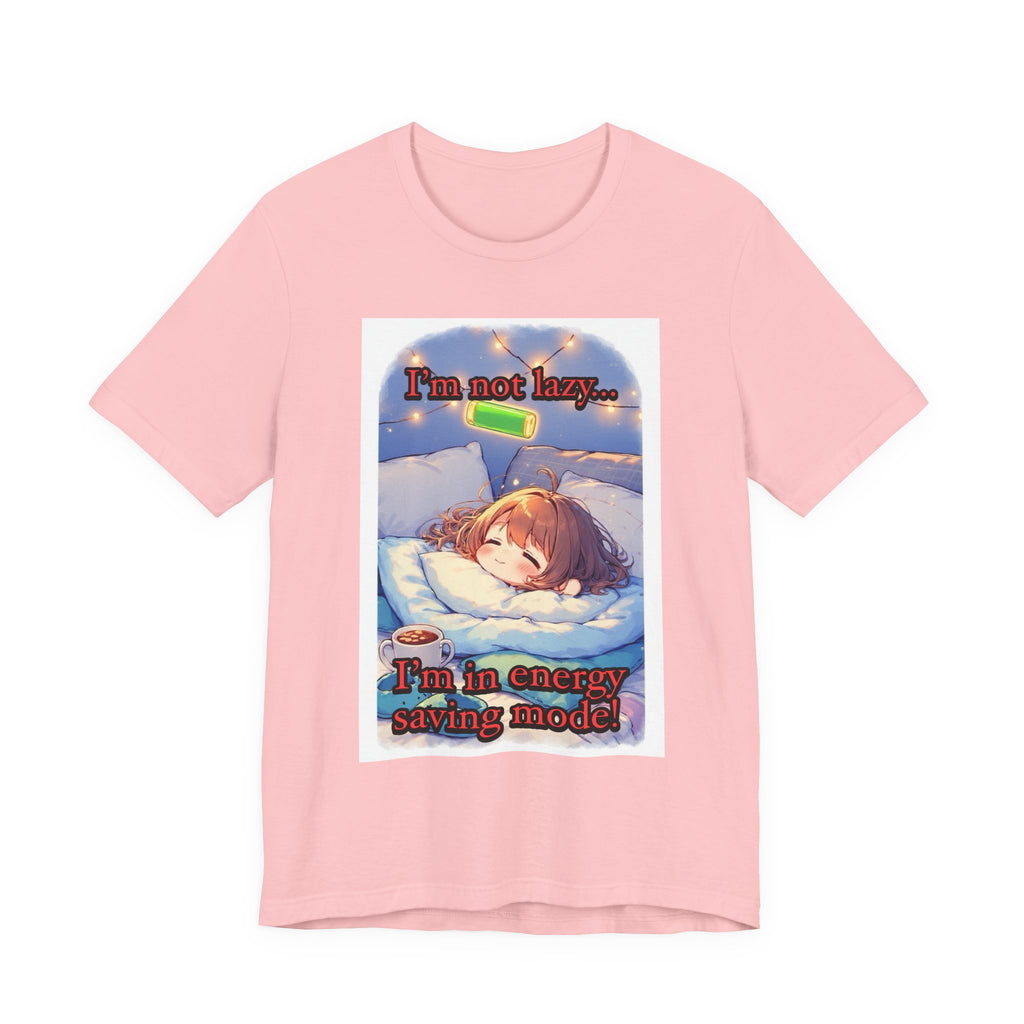 “ energy saving mode.” Female themed t-shirt.