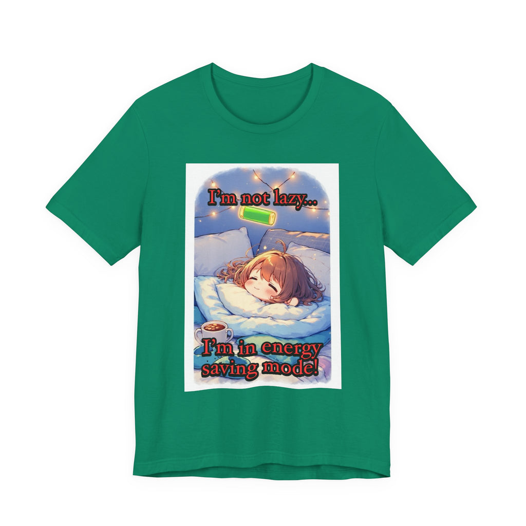 “ energy saving mode.” Female themed t-shirt.