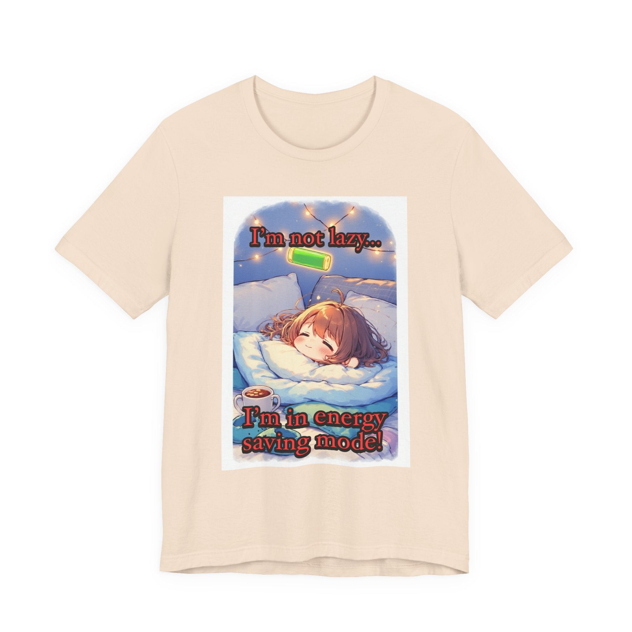 “ energy saving mode.” Female themed t-shirt.