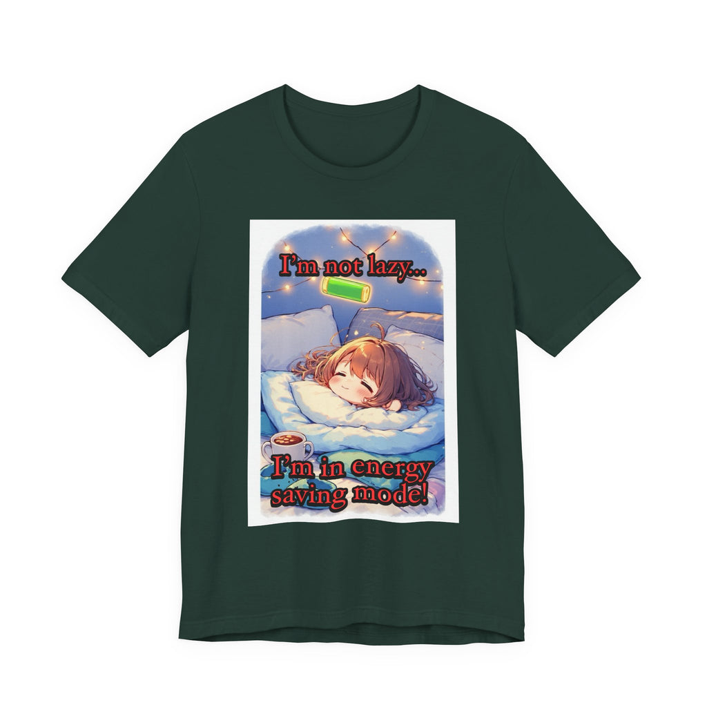 “ energy saving mode.” Female themed t-shirt.