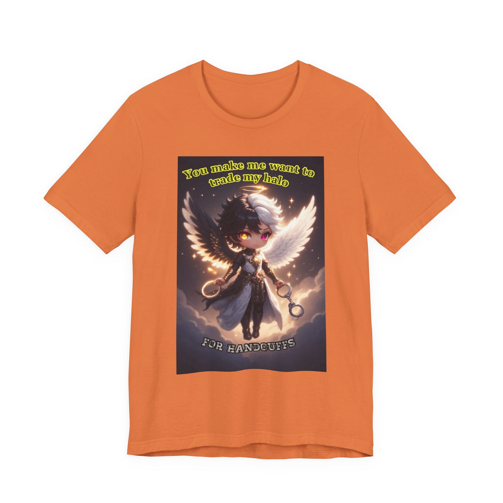Halo for hand cuffs. Female themed t-shirt.
