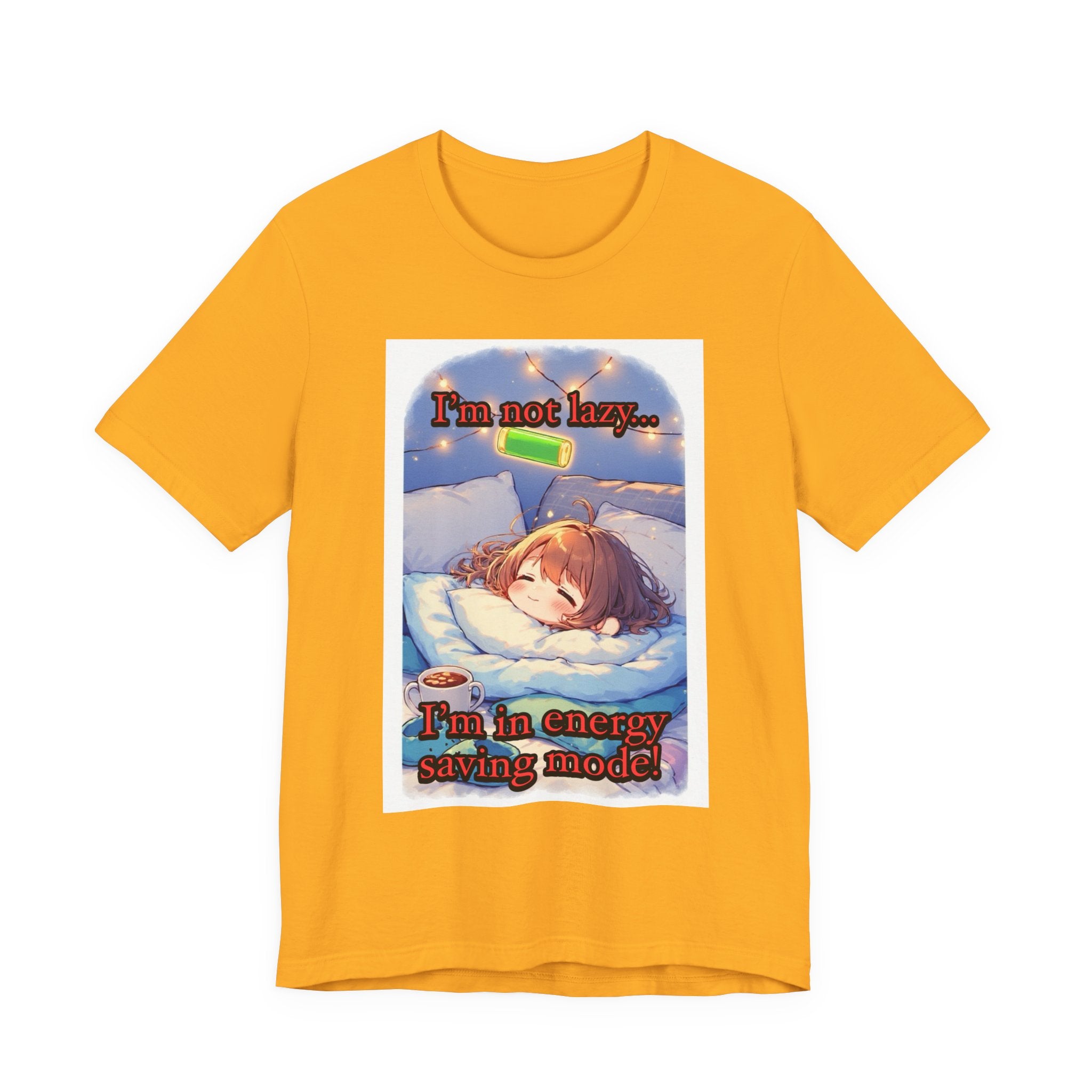 “ energy saving mode.” Female themed t-shirt.